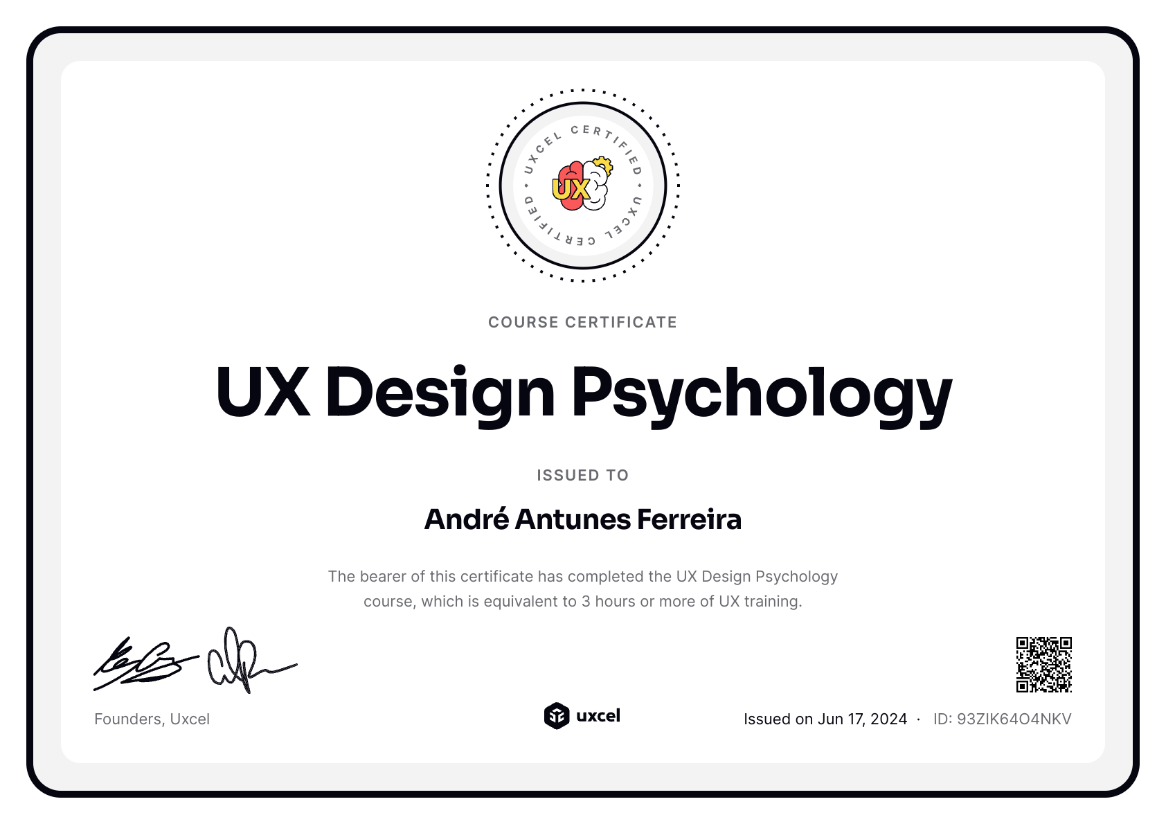 André Ferreira's certificate